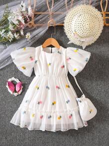 SHEIN Young Girl Floral Embroidery Puff Sleeve Ruffle Hem Dress - White - View 1