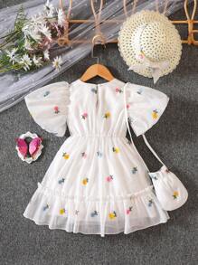 SHEIN Young Girl Floral Embroidery Puff Sleeve Ruffle Hem Dress - White - View 2