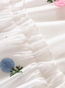 SHEIN Young Girl Floral Embroidery Puff Sleeve Ruffle Hem Dress - White - View 5