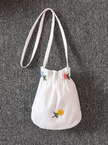 SHEIN Young Girl Floral Embroidery Puff Sleeve Ruffle Hem Dress - White - View 7