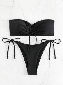 Swim Basics Set Baju Renang Bikini Seksi Wanita Warna Polos dengan Potongan Halter dan Tali di Depan, Tanpa Kawat - Hitam - View 3