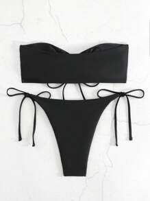 Swim Basics Set Baju Renang Bikini Seksi Wanita Warna Polos dengan Potongan Halter dan Tali di Depan, Tanpa Kawat - Hitam - View 2