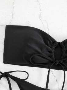 Swim Basics Set Baju Renang Bikini Seksi Wanita Warna Polos dengan Potongan Halter dan Tali di Depan, Tanpa Kawat - Hitam - View 5