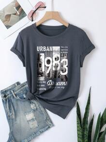 INAWLY Áo thun nữ Hình học Lá thư Giải trí - Màu xám đen - Xem 3
