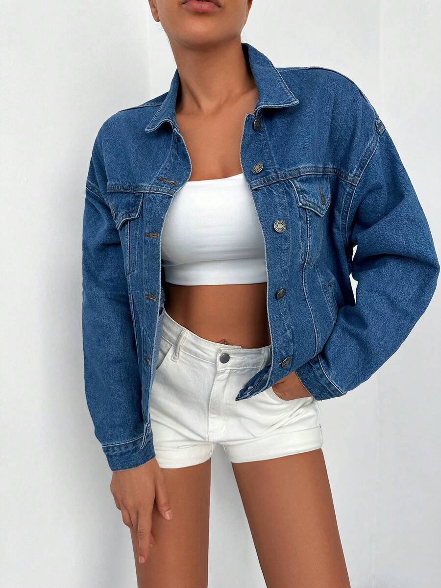 Cottnline 翻蓋口袋落肩袖牛仔夾克 - 中等水洗藍 - 查看 1