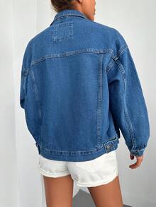 Cottnline 翻蓋口袋落肩袖牛仔夾克 - 中等水洗藍 - 查看 2