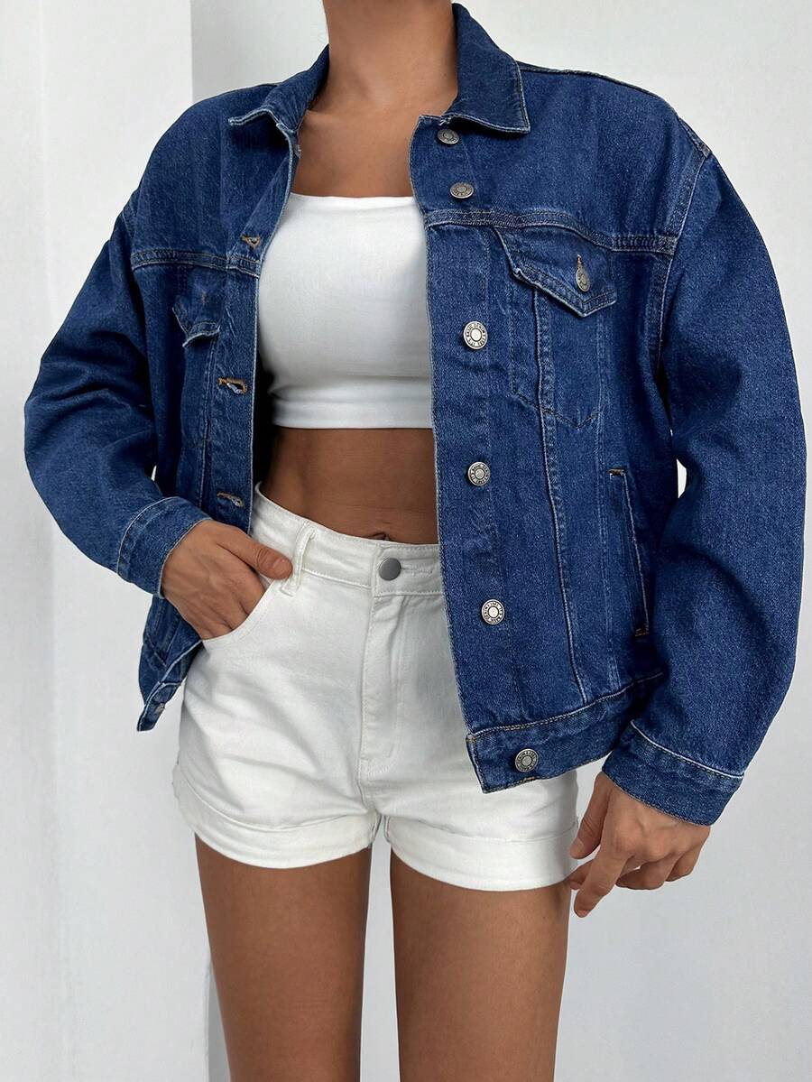 Cottnline 翻蓋口袋落肩袖牛仔夾克 - 深色水洗藍 - 查看 1