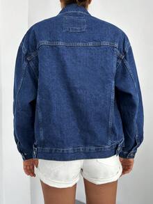 Cottnline 翻蓋口袋落肩袖牛仔夾克 - 深色水洗藍 - 查看 2