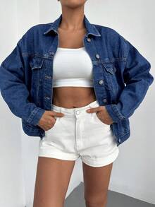 Cottnline 翻蓋口袋落肩袖牛仔夾克 - 深色水洗藍 - 查看 3