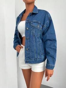 Cottnline 翻蓋口袋落肩袖牛仔夾克 - 中等水洗藍 - 查看 4