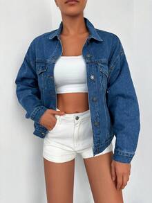 Cottnline 翻蓋口袋落肩袖牛仔夾克 - 中等水洗藍 - 查看 5