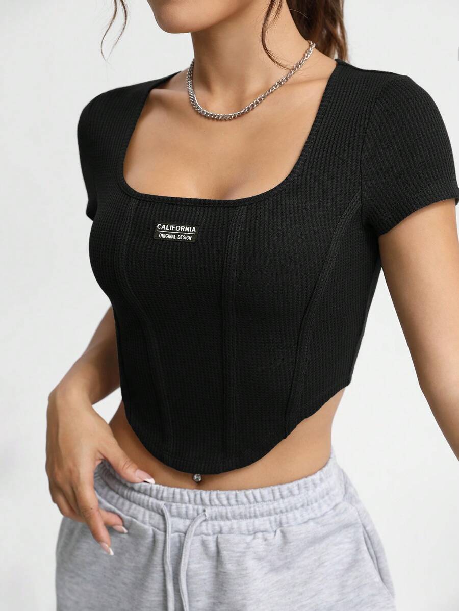 SHEIN EZwear 休閒不對稱 貼布字母女士T恤