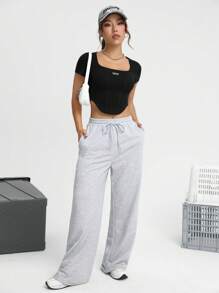 SHEIN EZwear 休閒不對稱 貼布字母女士T恤