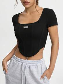 SHEIN EZwear 休閒不對稱 貼布字母女士T恤