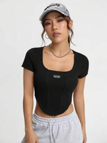 SHEIN EZwear 休閒不對稱 貼布字母女士T恤