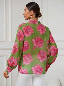 SHEIN Clasi Floral Print Lantern Sleeve Shirt - Green - View 2