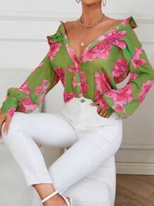 SHEIN Clasi Floral Print Lantern Sleeve Shirt - Green - View 3