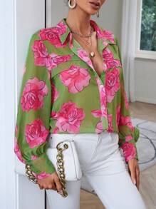 SHEIN Clasi Floral Print Lantern Sleeve Shirt - Green - View 7