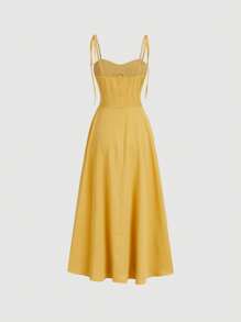SHEIN MOD Đầm Thắt nút Dây kéo màu trơn Giải trí - Màu vàng - Xem 2