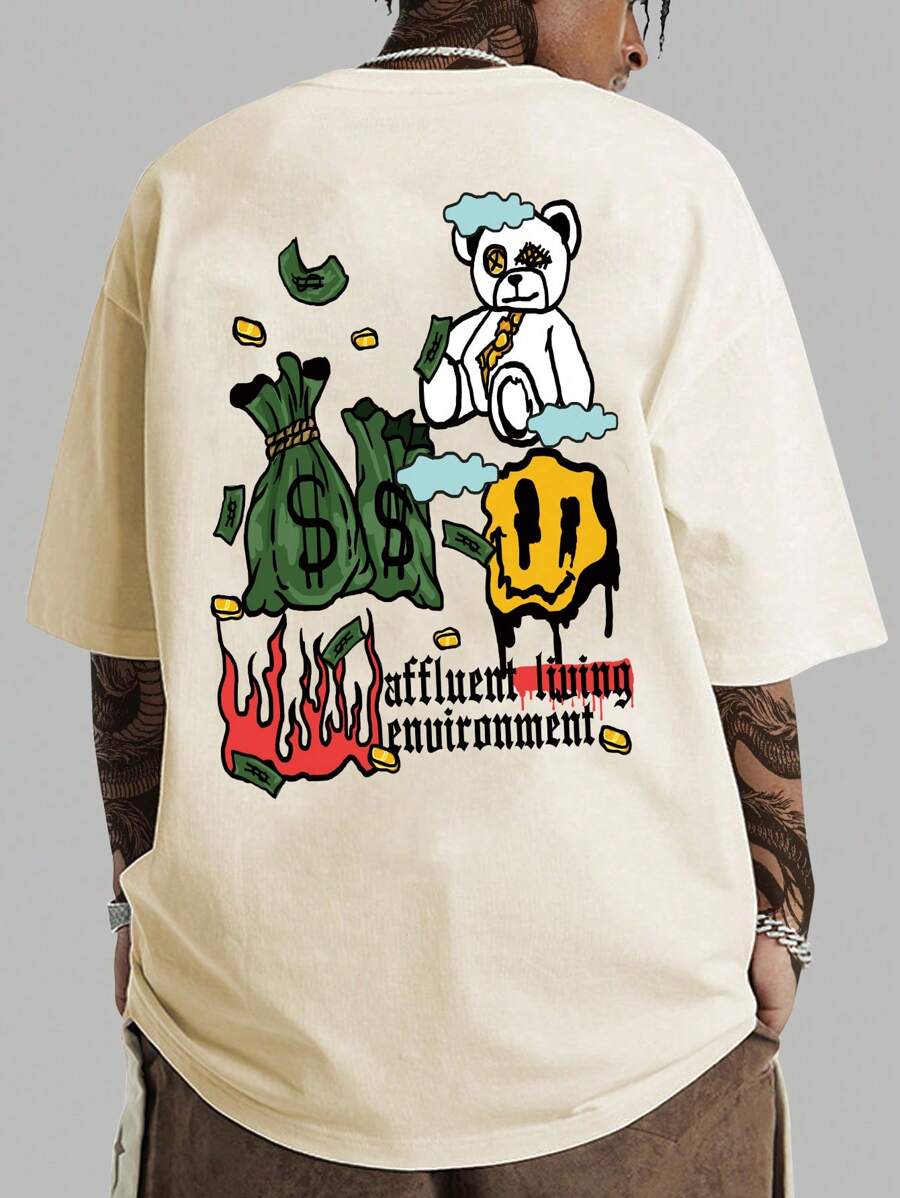 Manfinity Roghcode Men Plus Cartoon & Letter Graphic Drop Shoulder Tee - Khaki - View 1