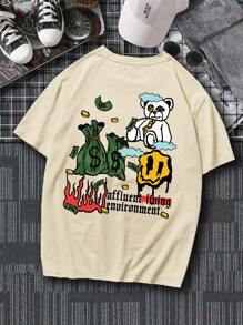 Manfinity Roghcode Men Plus Cartoon & Letter Graphic Drop Shoulder Tee - Khaki - View 3