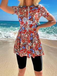 SHEIN Swim Allover Print Zip Up Peplum Burkini Swimsuit - Red - View 1