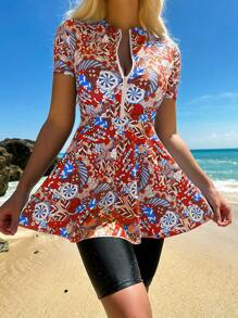 SHEIN Swim Allover Print Zip Up Peplum Burkini Swimsuit - Red - View 3