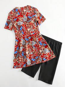 SHEIN Swim Allover Print Zip Up Peplum Burkini Swimsuit - Red - View 4