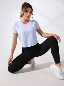 Yoga Trendy 網紗拼接扭結下擺運動T恤 - 淺藍色 - 查看 4