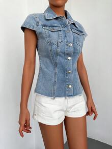 Cottnline 翻蓋口袋前紐扣牛仔夾克 - 淺色水洗藍 - 查看 3