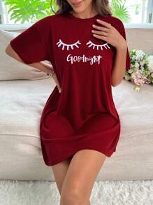 睫毛与口号图案落肩睡衣睡裙 - 酒紅色 - 查看 1