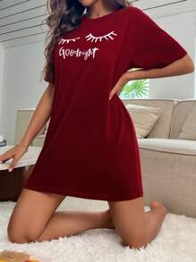 睫毛与口号图案落肩睡衣睡裙 - 酒紅色 - 查看 4