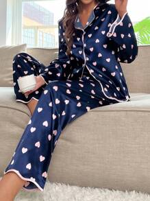 SHEIN Heart Print Contrast Binding Satin PJ Set - Navy Blue - View 1