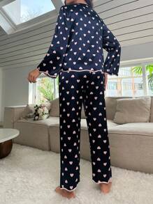 SHEIN Heart Print Contrast Binding Satin PJ Set - Navy Blue - View 2