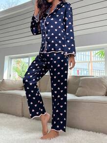 SHEIN Heart Print Contrast Binding Satin PJ Set - Navy Blue - View 4