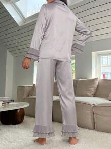 Lapel Neck Button Up Blouse & Ruffle Hem Pants PJ Set / Pajama Set, Fall Winter Clothes - Grey - View 2