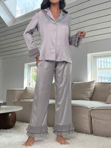 Lapel Neck Button Up Blouse & Ruffle Hem Pants PJ Set / Pajama Set, Fall Winter Clothes - Grey - View 3
