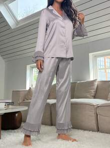 Lapel Neck Button Up Blouse & Ruffle Hem Pants PJ Set / Pajama Set, Fall Winter Clothes - Grey - View 5