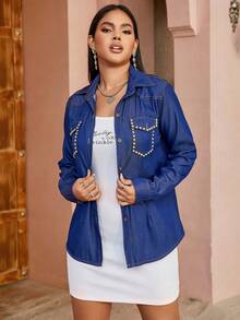 Áo sơ mi denim phía trước có nút cài túi có nắp đính chi tiết - Rửa tối - Xem 3