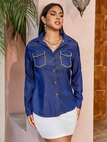 Áo sơ mi denim phía trước có nút cài túi có nắp đính chi tiết - Rửa tối - Xem 4