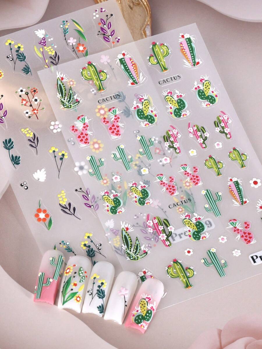 Hoa xương rồng Nhãn dán móng tay nổi 5D Hoạt hình Hoa lá Trang trí thanh trượt mùa hè - Nhiều màu - Xem 1
