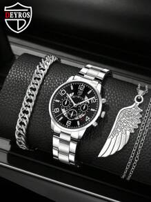 DEYROS 1入組男士圓形指針石英手錶和2入組/套首飾套裝