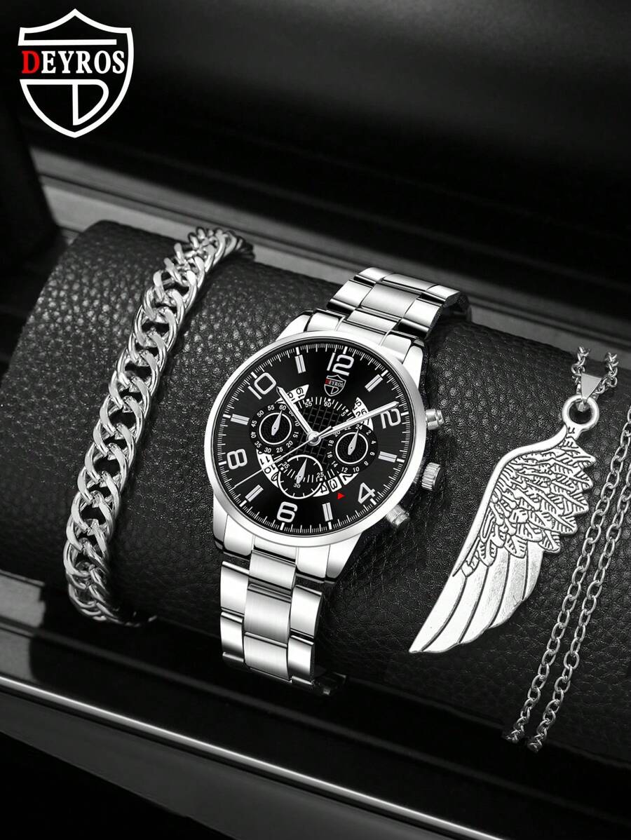 DEYROS 1入組男士圓形指針石英手錶和2入組/套首飾套裝