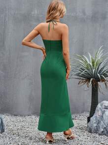 SHEIN VCAY Đầm Lộ Lưng Cắt ra Tách cao Buộc lại màu trơn Thanh lịch - Màu xanh lá cây đậm - Xem 2