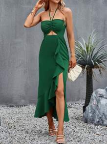 SHEIN VCAY Đầm Lộ Lưng Cắt ra Tách cao Buộc lại màu trơn Thanh lịch - Màu xanh lá cây đậm - Xem 4