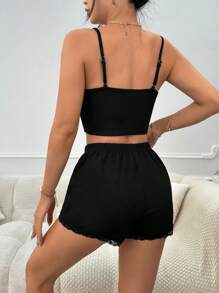Contrast Lace Cami Top & Shorts PJ Set / Pajama Set Lounge Set - Black - View 2