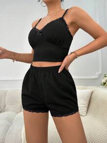 Contrast Lace Cami Top & Shorts PJ Set / Pajama Set Lounge Set - Black - View 3
