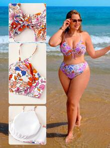 Swim Vcay Plus Size Floral Print Tie Front Bikini Set Summer Beach - Multicolor - View 5