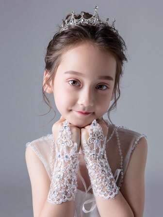 1 双蕾丝水钻装饰儿童花童婚纱露指手套，表演舞蹈舞台配饰