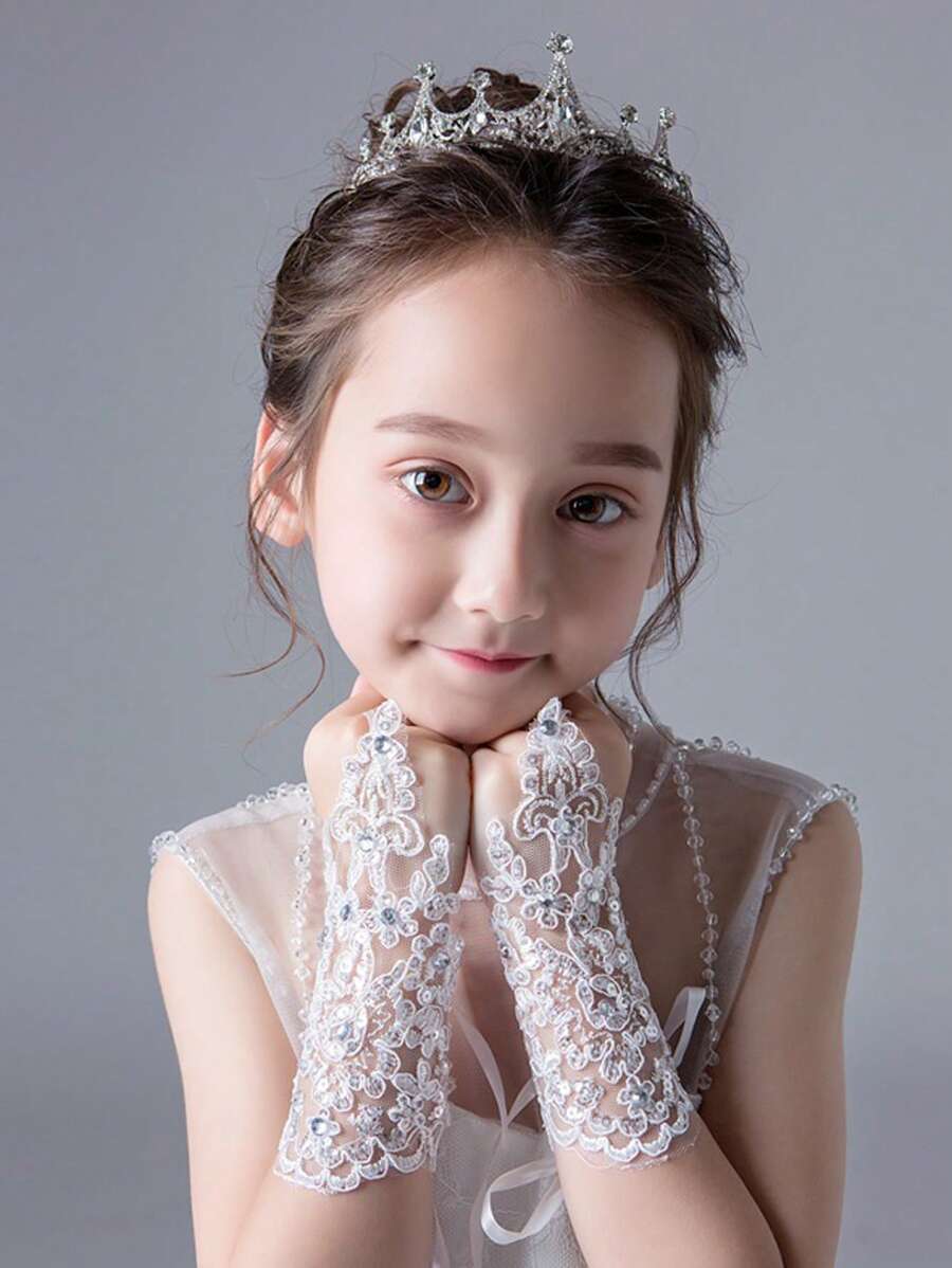 1 Pair Lace Decorated Rhinestone Girls Wedding Dress, With Fingerless Dance Performance Design Gloves, Fashionable Minimalist Design - White - View 1